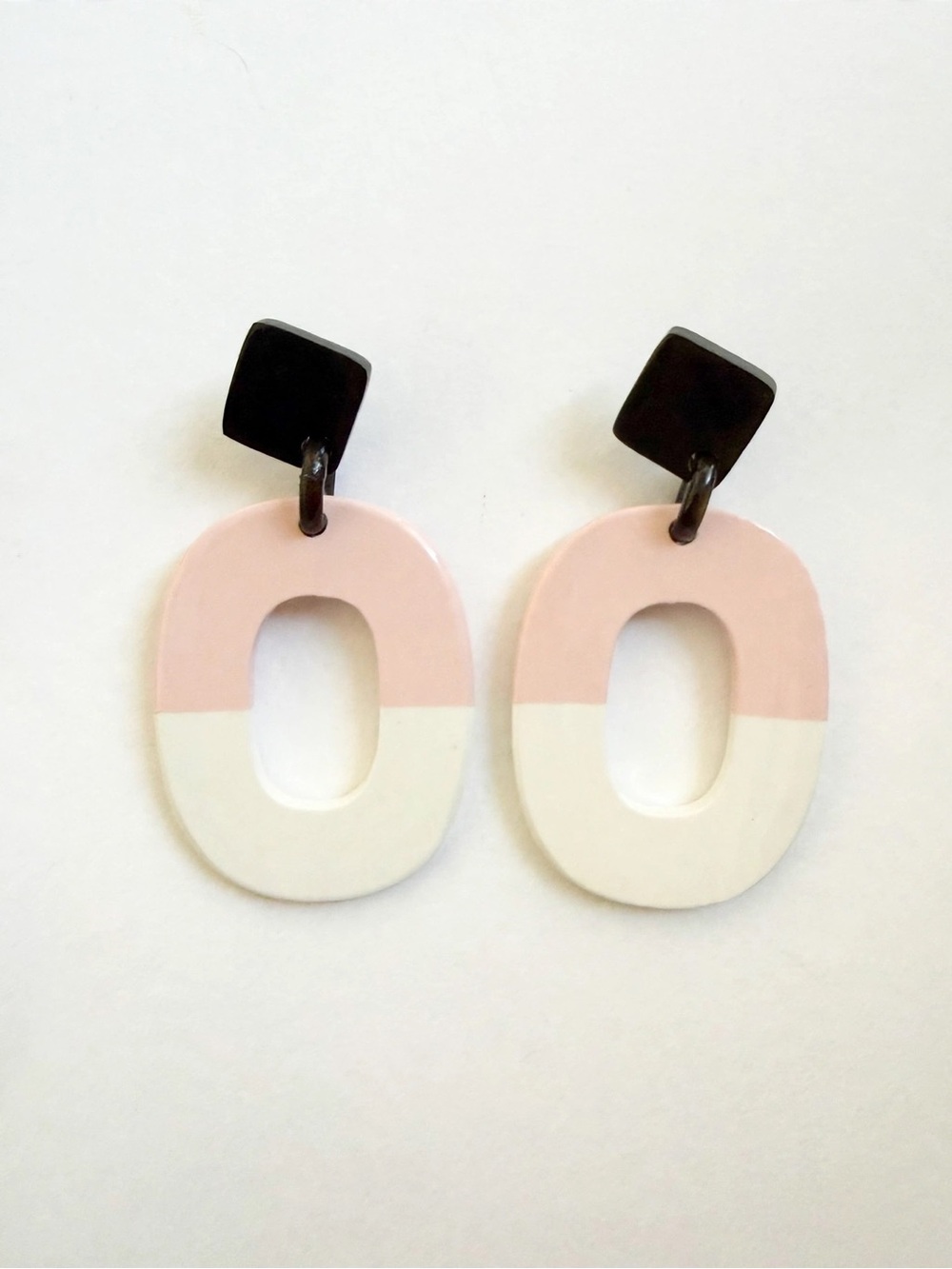 New Blush Pink and White Horn Hoop Dangle Earrings S925 Silver Posts E097 Women